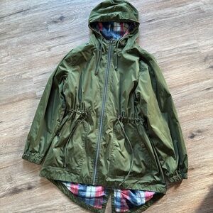 Time and Tru Olive Jacket with Plaid Lining Rain Coat